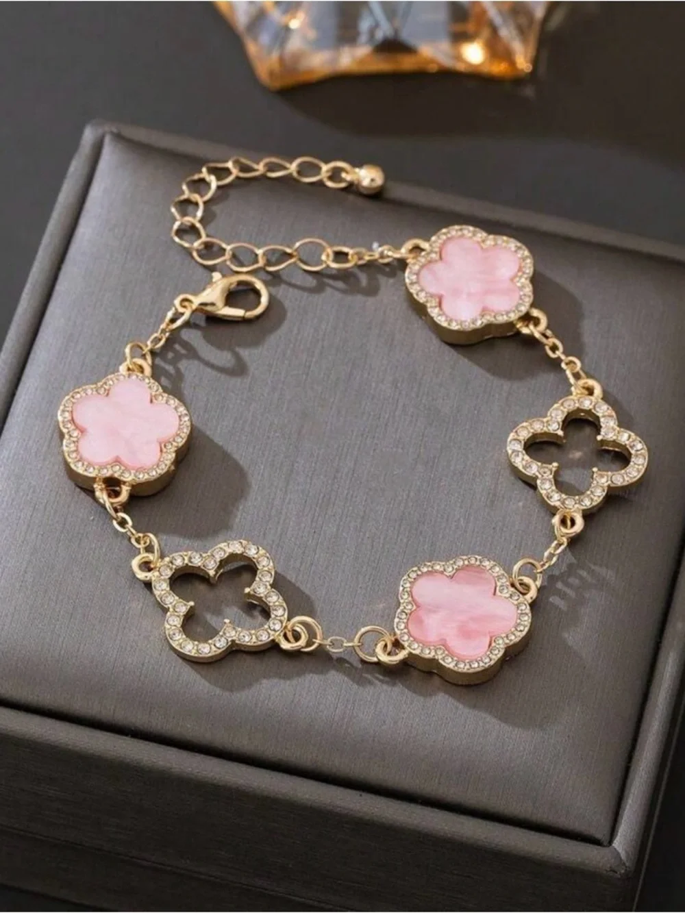 Gold Plated Pink Clover Link Bracelet - Picture 1 of 4